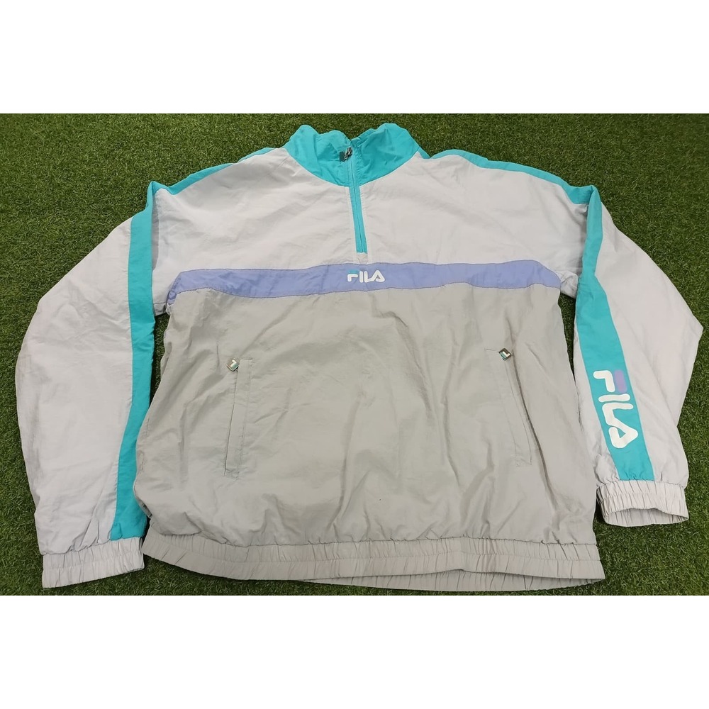 Vintage Fila‎ Windbreaker Training Jacket Mens L White Gray Mesh Lined 1/4 Zip